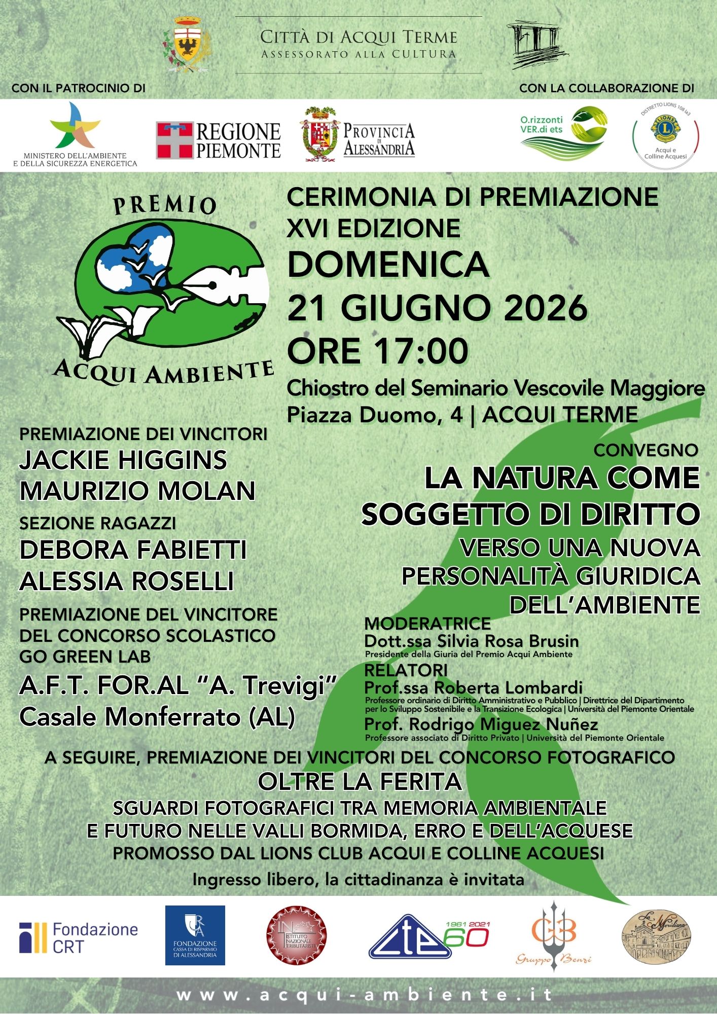 Apre imamgine Premio Acqui Ambiente XVI edizione: cerimonia di premiazione domenica 21 giugno al Chiostro del Seminario Vescovile Maggiore di Acqui Terme